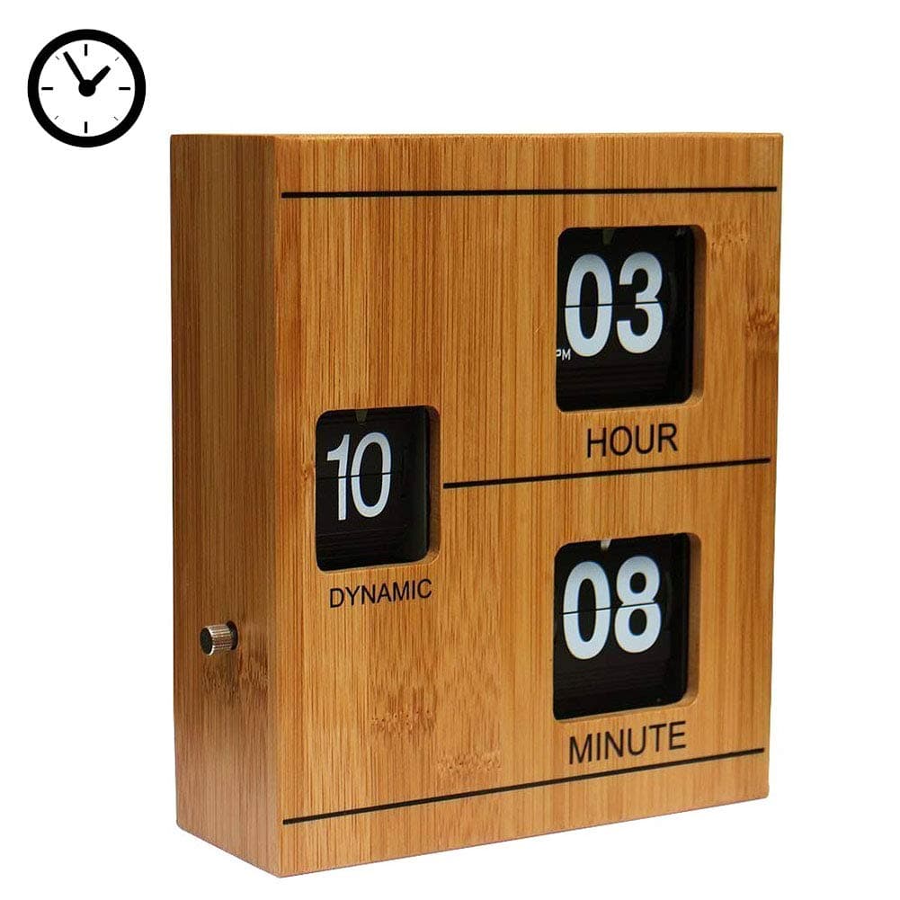 Wood Wall and Tabletop Flip Clock and Wall Decor, Bamboo and Black, Battery Operated Digital Display