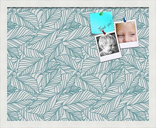 PinPix custom printed pin cork bulletin board made from canvas, Foliage White Aqua 20x16 Inches (Completed Size) and framed in Satin White Frame (PinPix-1876-20x16_FRBW26074)