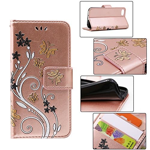 IPhone 8 7 wallet case leather magnetic snap cover with glamour glitter embossed floral sparkly butterfly pattern including 3 card holder 360 protective for 4.7 inch iPhone 7 8 rose gold