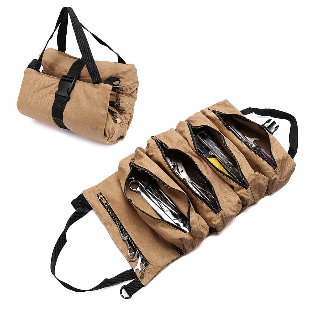 Fushida Super Capacity Tool Roll Pouch,Durable 12 Ampere Waxed Canvas Tool Organizer Bucket,Handmade Roll Up Tools Bag for Workshop Storage,Handy Small Tools Tote Carrier for Chisels Wrenches, Khaki, 13.1 x 7.6 x 2.1 inches