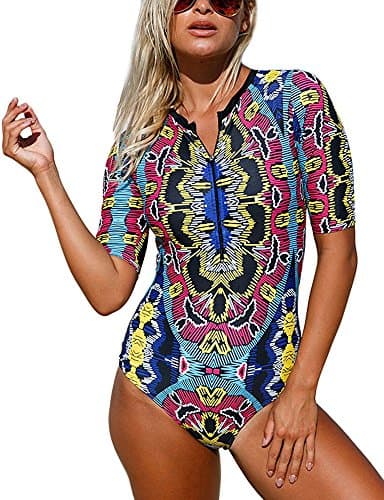 Womens Zip Front Printed Half Sleeve One Piece Swimsuit Bikinis