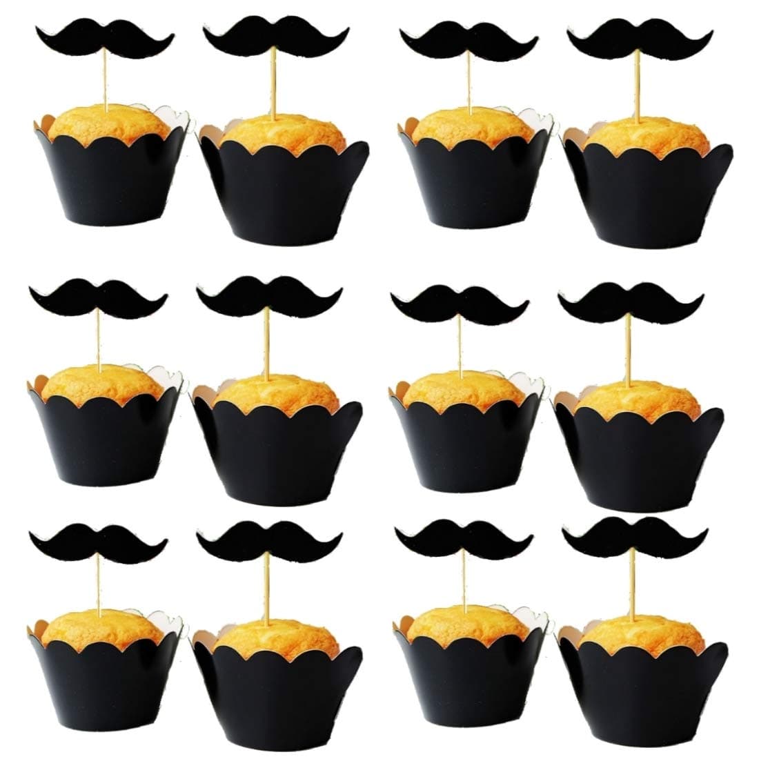 Home Vivations Black Mustache Cupcake Topper and Liner Complete Set- 12 Liners & 12 Wrappers