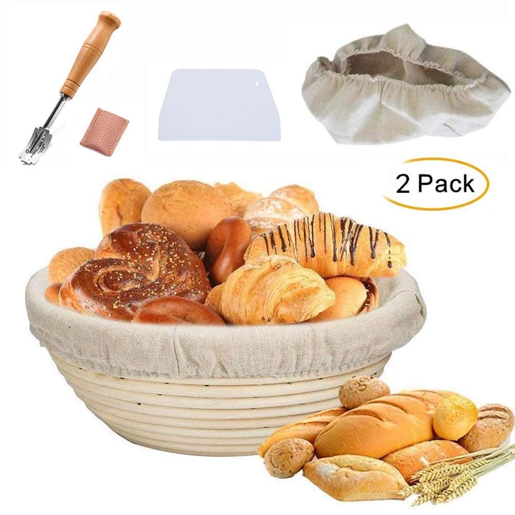 Bread Banneton Proofing Basket, Round Baking Dough Kit Bowl with Dough Scraper Brotform Cloth Liner Basting Brush for Artisan & Home Bakers (10" 3.3")