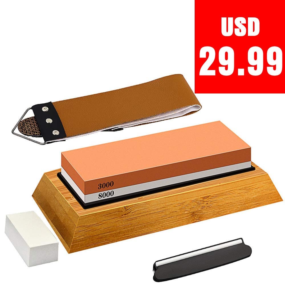 OneBom Premium Sharpening Waterstone Kit,Upgrade Grit 3000/8000 Kitchen Knife Sharpener Whetstone, Knife Sharpening StoneDouble-Sided with Non-Slip Bamboo Base, Leather Strop, Angle Guide