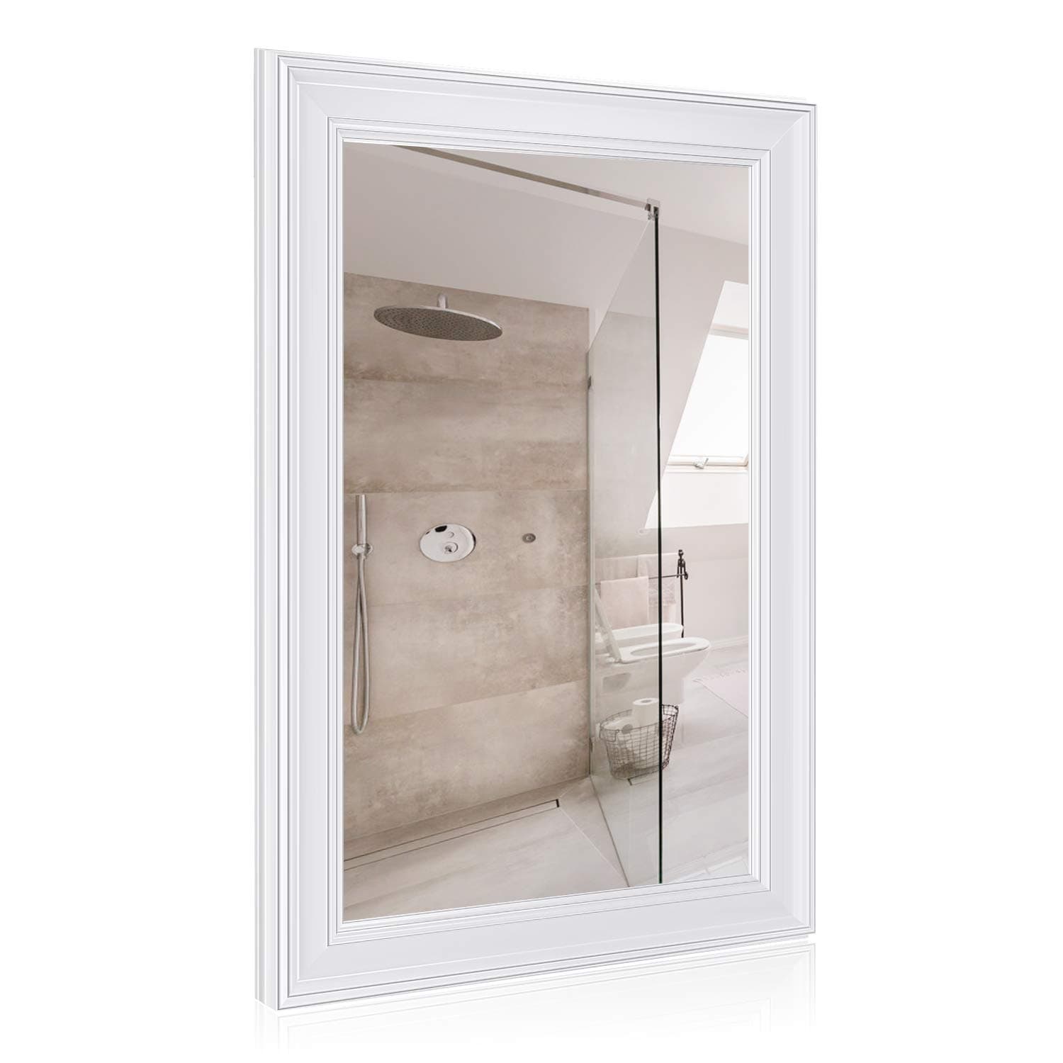 Openuye 24"×16" Wall Mirror Bathroom Wall-Mounted Mirror Vanity Mirror Rectangular White Framed Mirror for Living Room, Bedroom