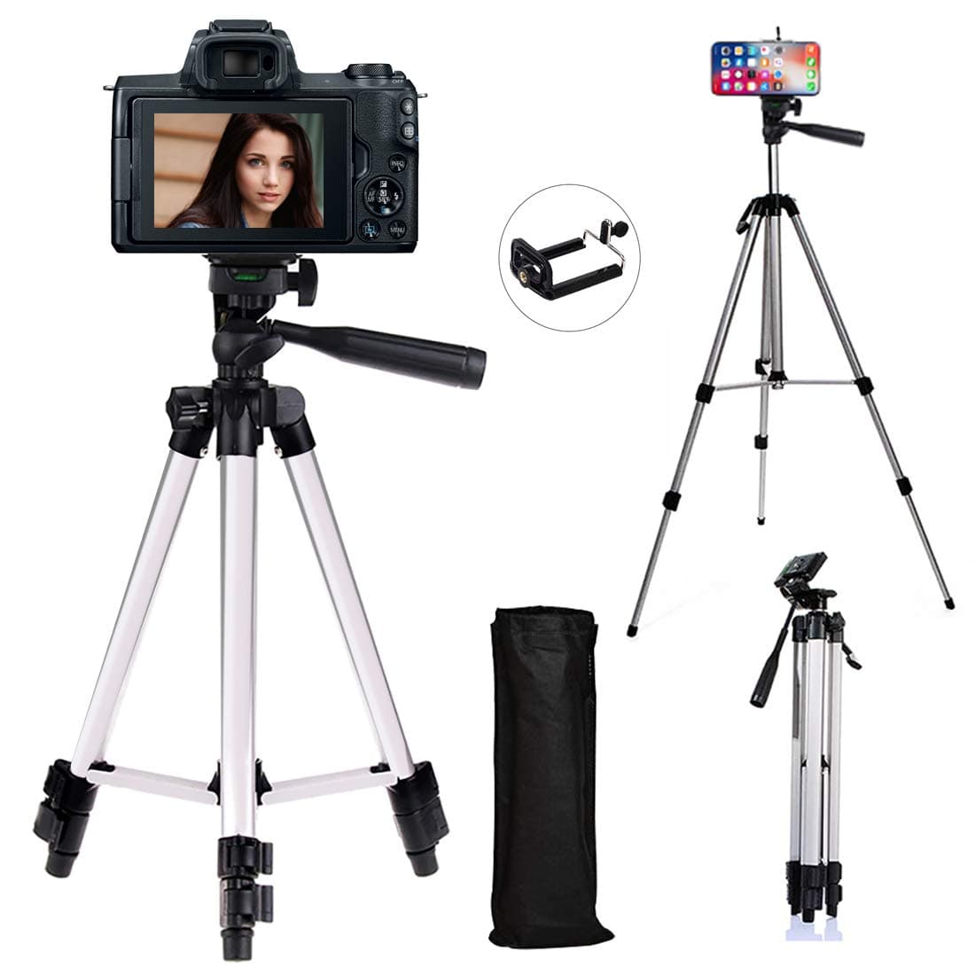 Xmate Metal Alloy Foldable Tripod 5Kg Payload Capacity Adjustable Height Camera & Mobile Phone Holder Mounted (Black/Silver, 50-inches)
