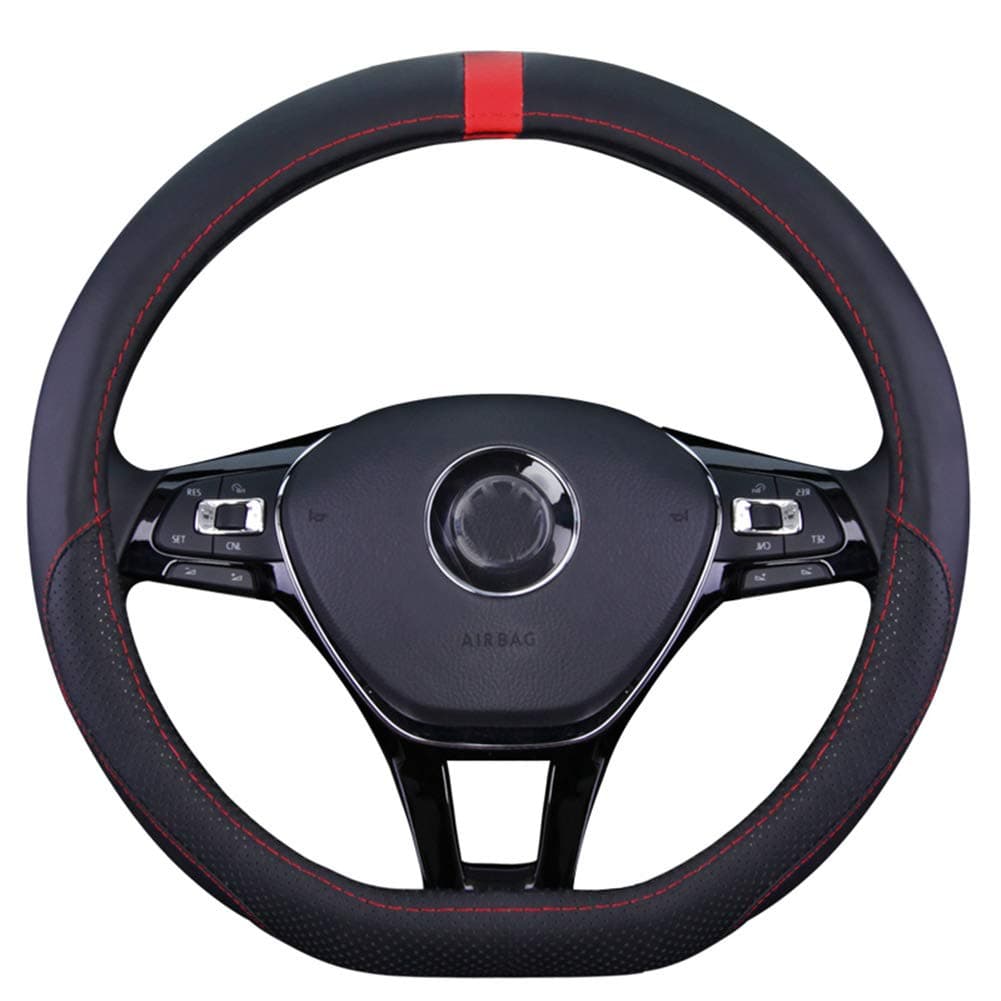 D Shaped Steering Wheel Cover,Cowhide Leather 3D Breathable Flat Bottom Shaped Steering Wheel Cover for Women Men 14.5In - 15In,Black,Black