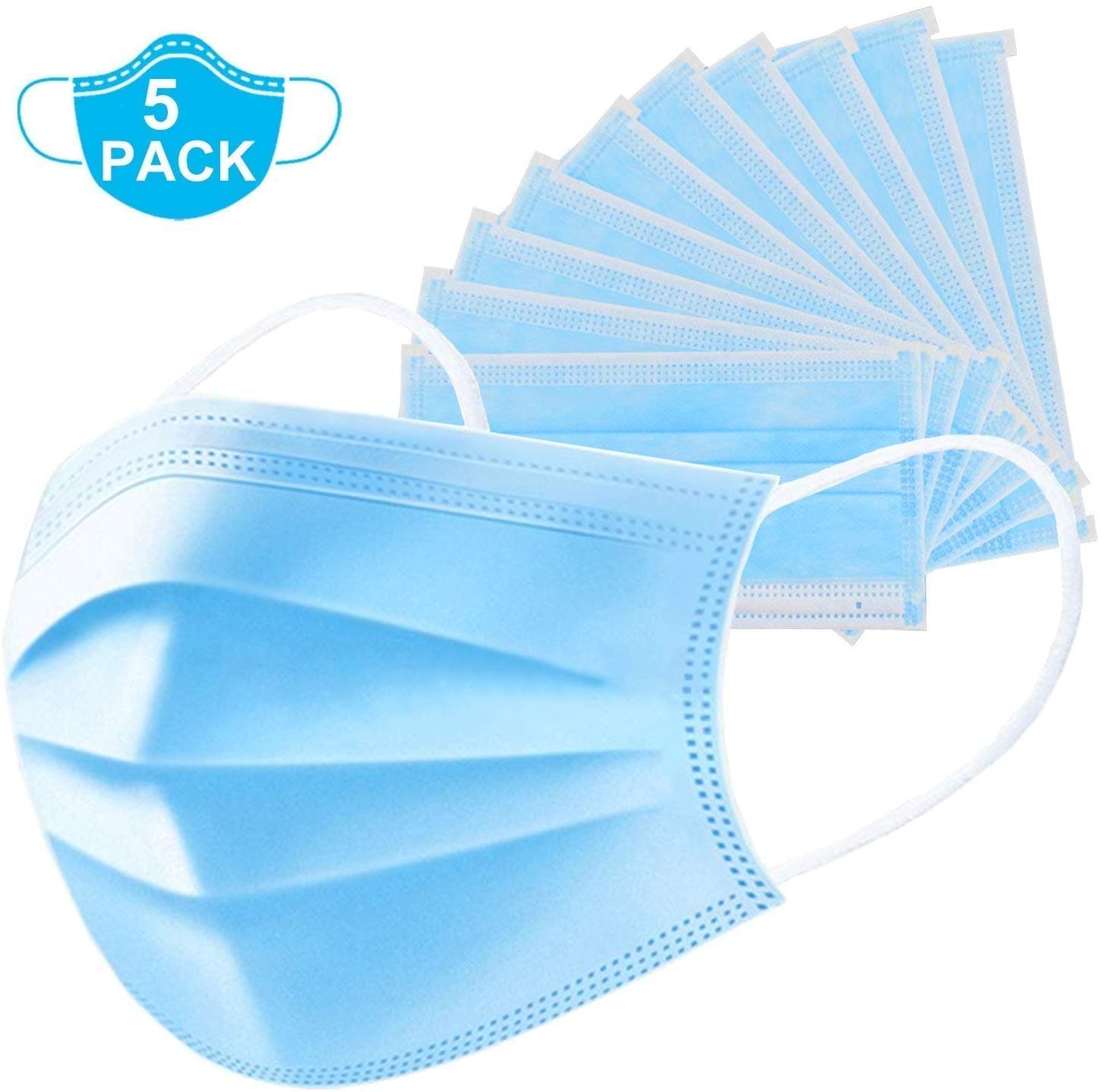 Limbakshit Blue Surgical MASK with Ear Loop, 3 Layered Disposable Medical and Surgical Face Masks Non-Woven, Elastic Mouth Mask Respirator - Blue (5 Pack)