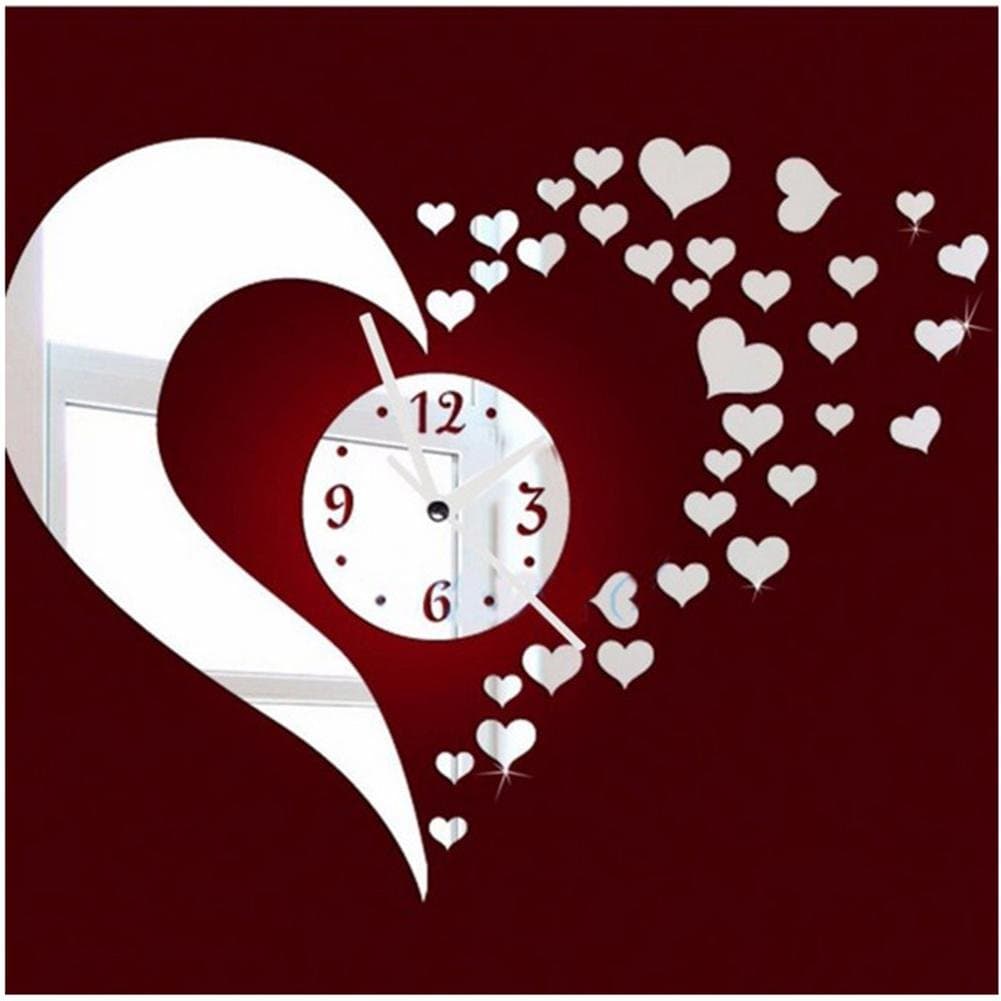 MAX&MZ DIY creative Acrylic mirror wall Stickerclock / Heart shape Decor mute clock for Living room ,Children bedroom,Cafe,55*35cm , silver