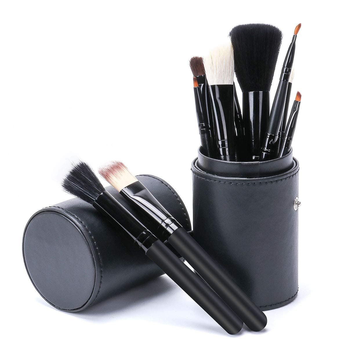 Makeup Brush Sets - 10 Pcs Makeup Brushes Black With Leather Case Snaps For Eyeshadow Eyeliner Cosmetic Tool