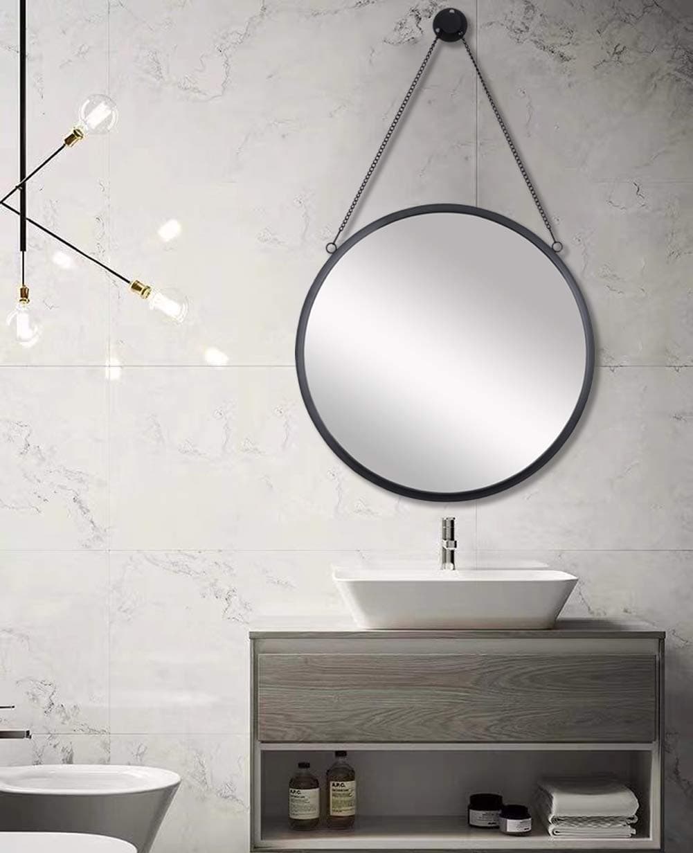 SIMMER STONE 20'' Round Mirror with Hanging Chain, Metal Framed Decorative Wall Mirror, Wall Mount Hook Offered, Black
