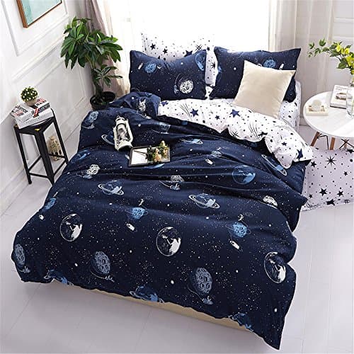 HyUkoa Star Outer Space Satellites Boys Comforter Set, Blue/White, Rocket Star Bedding Collection 100% Polyester 4-Piece Glow in the Dark Kids Comforter Set, Queen Size