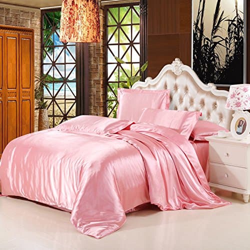 DS DUVET STAR Silky Satin Luxury Soft 3PC Bedding Set Twin Size Peach 1xDuvet Cover,1xFitted Sheet,1xPillowcase