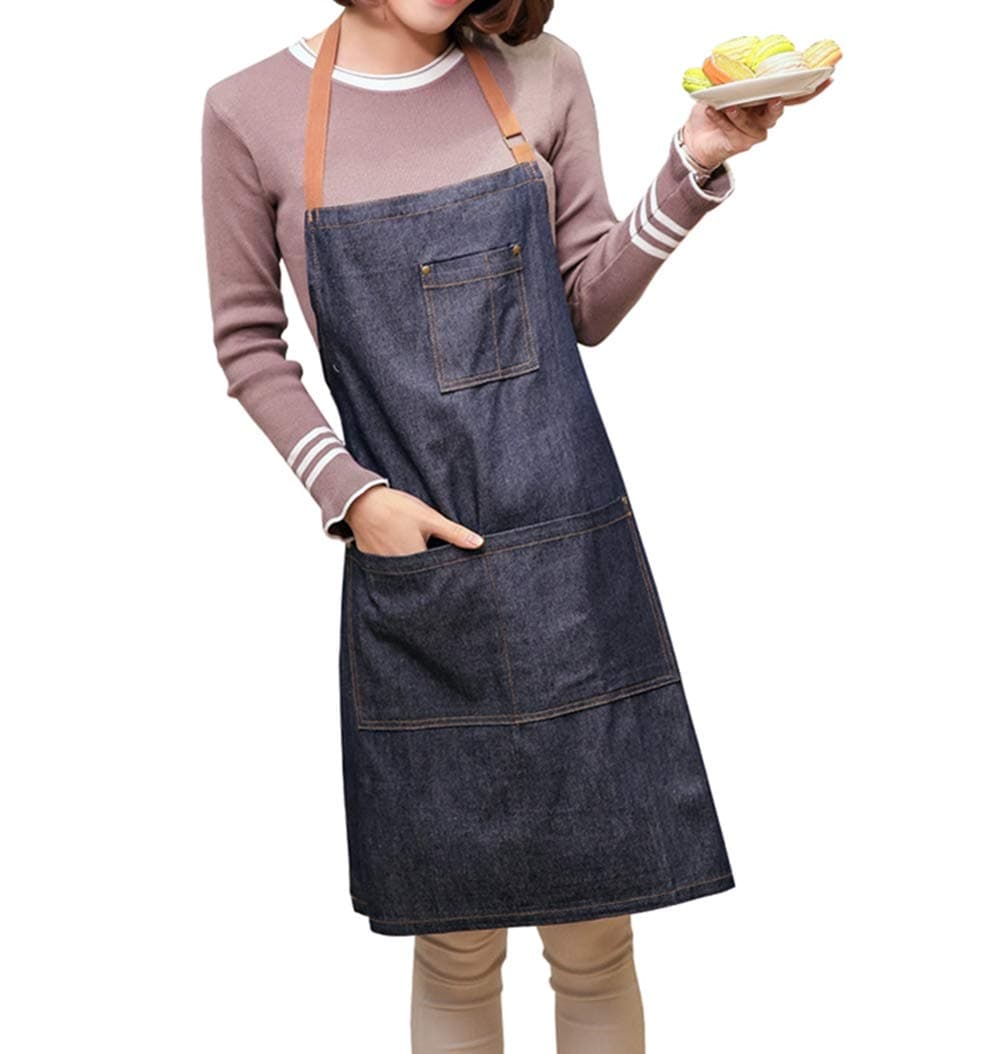 ZeMooon Cooking Apron for Women - Adjustable Chef Apron with 2 Pockets (Demin)