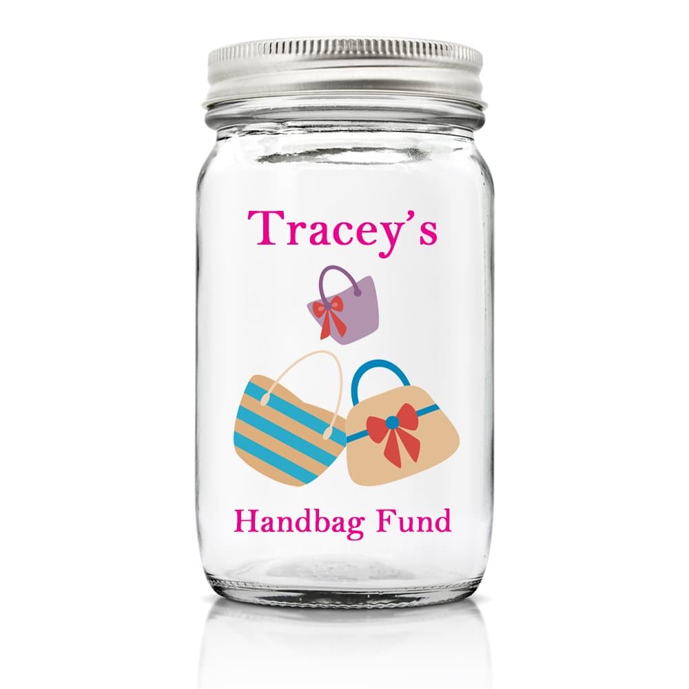 Personalised Handbag Fund Glass Money Jar Gift