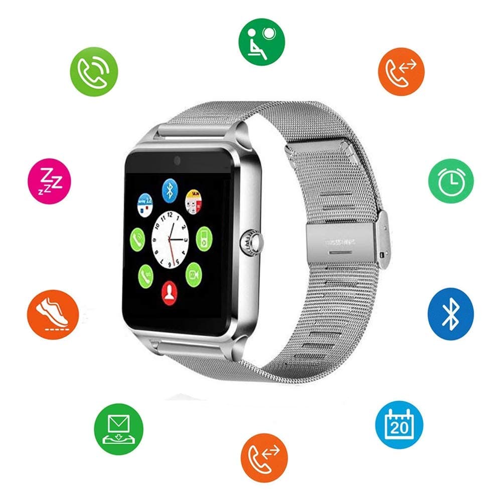 Bluetooth Smart Watch DOROIM Stainless Steel Strap, Camera, Call SMS Reminder, Sleep Monitor, Pedometer, Support SIM TF Card for Android iPhone Men Women Boys Girls (Silver)