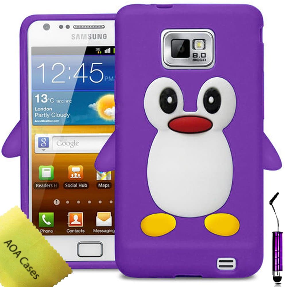 Penguin Case For Samsung Galaxy S2 I9100 + Screen Protector + Stylus AOA Cases® (Purple)