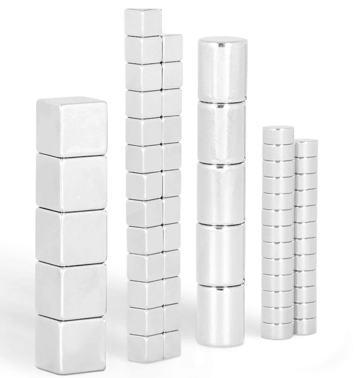 Magnet Mix Set - 60 Super Strong Mixed Neodymium Magnets / 5 Cubes (10mm) + 5 Cylinders (8x10mm) + 25 Discs (6x3mm) + 25 Cubes (5mm) / Ideal for Whiteboards and Glass magnetic boards
