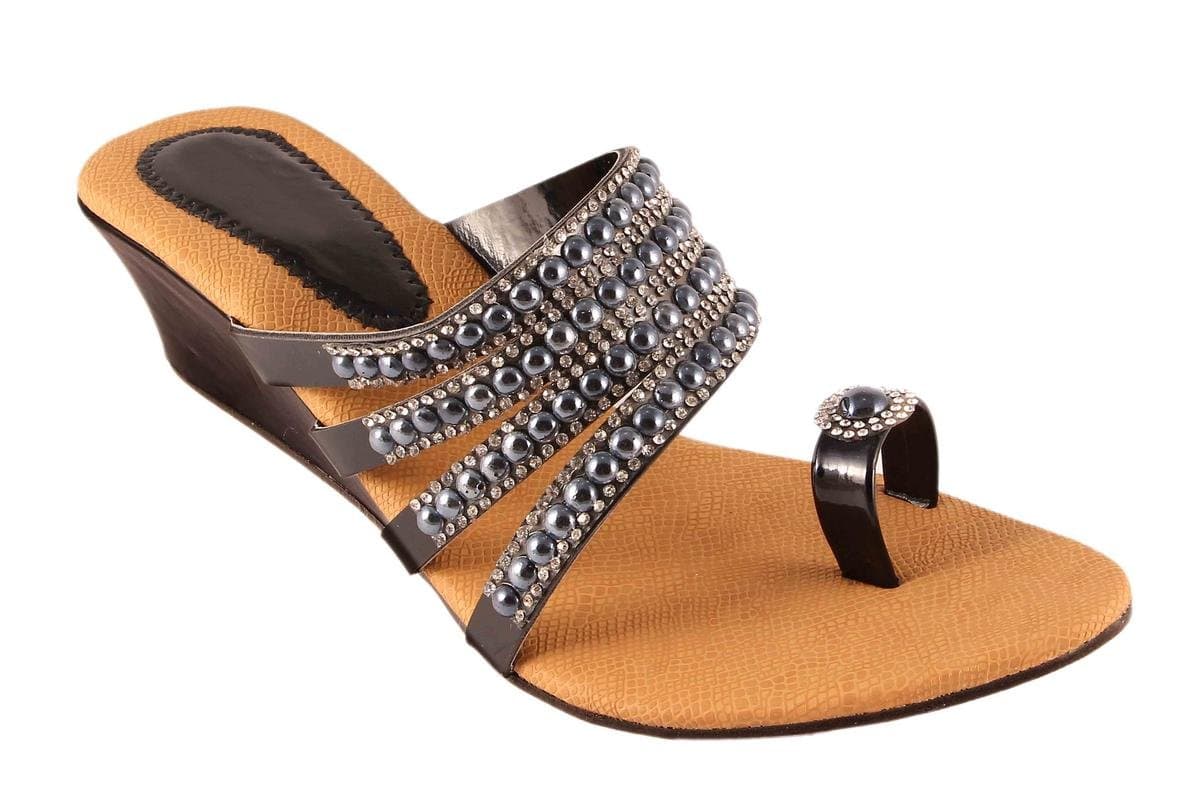 Red Choice Collection High Heel Multi Strap Black Pearl Design Ladies Chappal