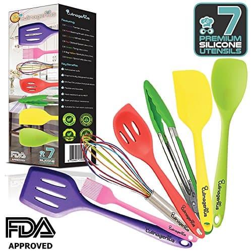 Silicone Utensils for Cooking and Baking featuring 7 Pieces Premiums FDA Approved Turner, Slotted Cooking Spoon, Cooking Spoonula, Baking Spatula, Basting brush, Tong and Baking Whisk by CULINAGENIUS