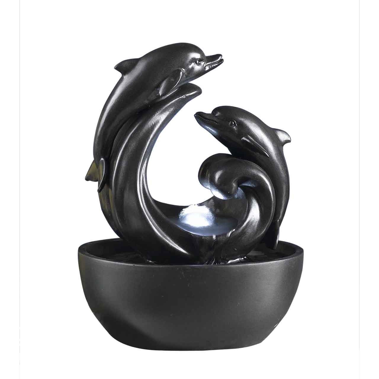 Delfini Dolphin Tabletop Fountain with LED Light and Glass Sphere