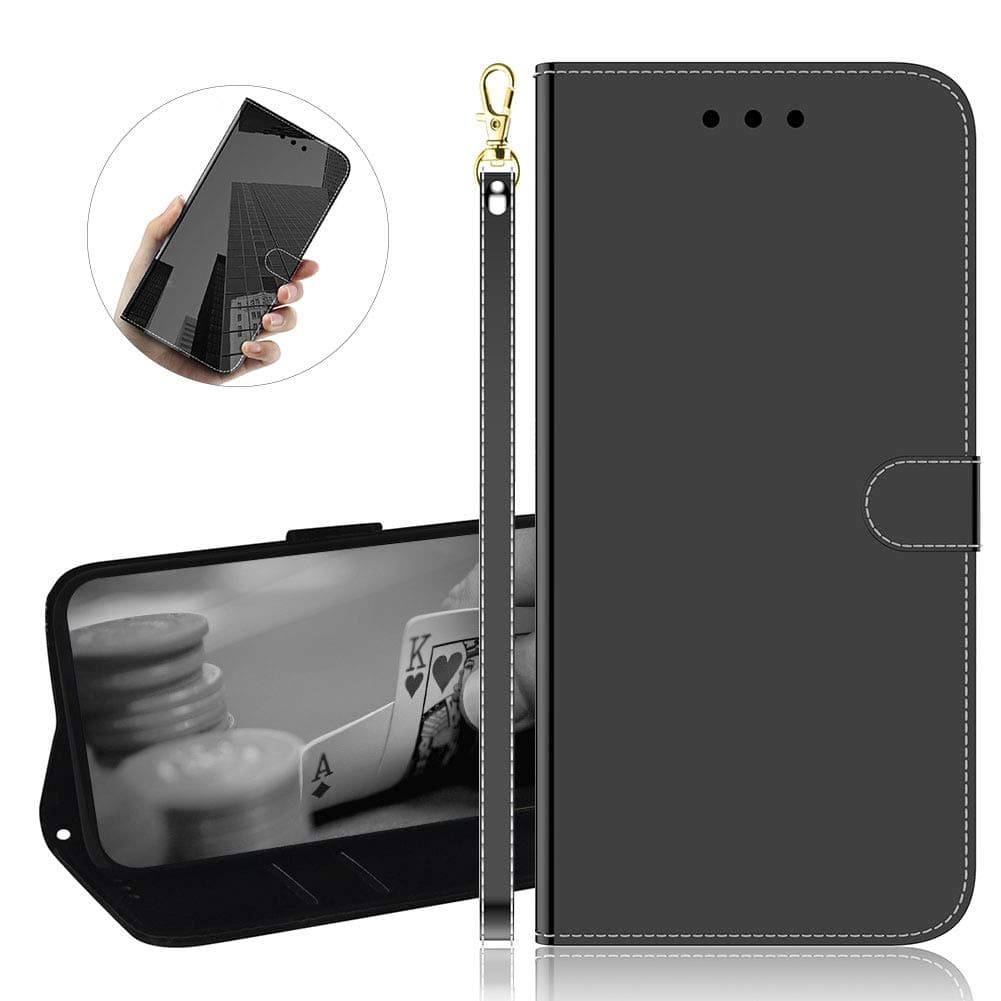 YiCTe Surface Mirror PU Leather Wallet Case for Samsung Galaxy A20S,with Stand,Card Slots,Wrist Strap,Magnetic Closure, Plain Color Flip Folio Thin Full Body Protective Cover,Black