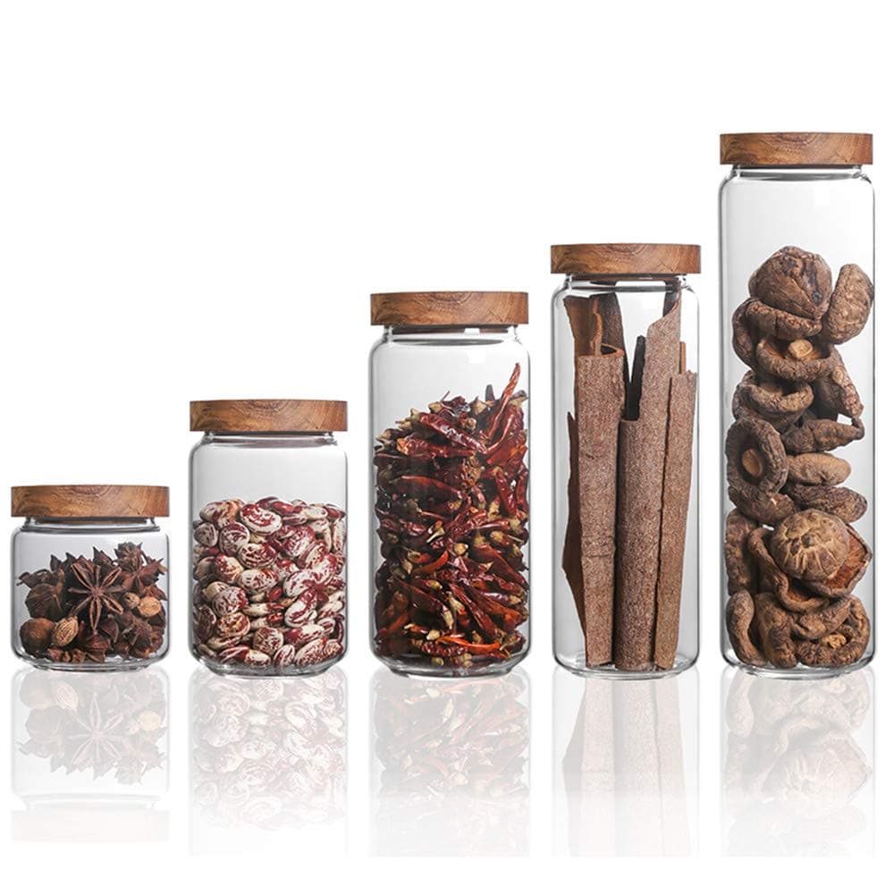 Danmu Art 5Pcs a Set Glass Storage Jars Kitchen Jars with Airtight Wood Lids Tea Coffee Bean Jar Cookies Flour Sugar Candy Spice Container High Borosilicate Glass 8oz 15oz 25oz 32oz and 52oz