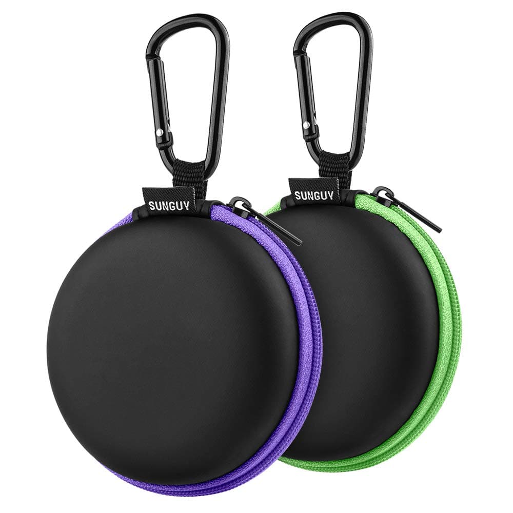 Earbuds Case,SUNGUY [2-Pack] Portable Small Shape Hard EVA Carry Case Storage Bag Carabiner Earphone,Earbuds, Wireless Headset,Wired Headset Mini Case More (Green+Purple)