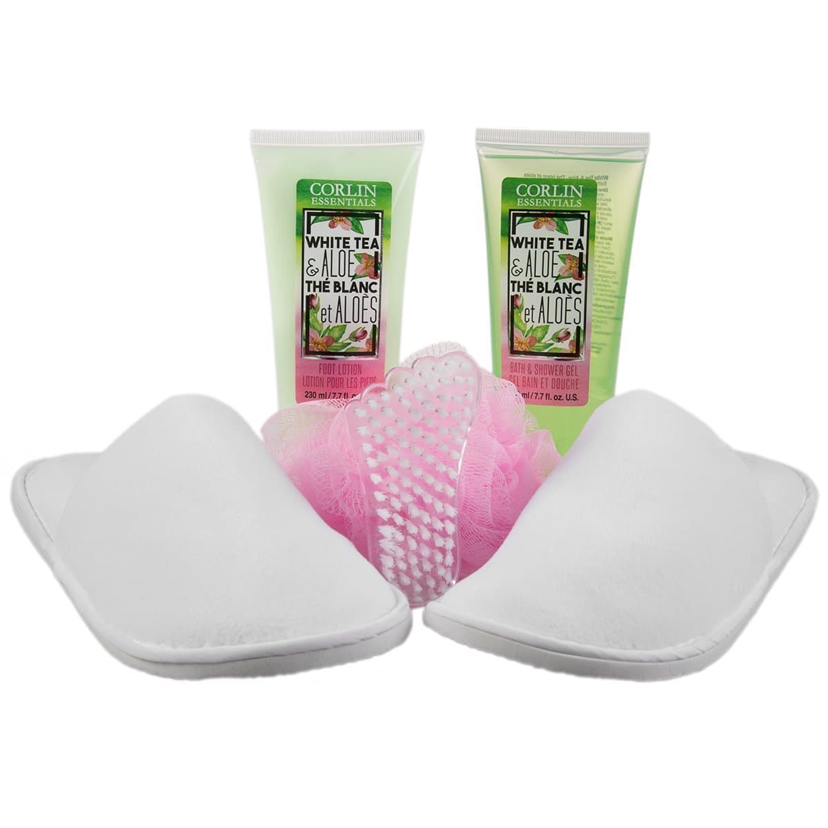 6 Piece Corlin Spa Bath Gift Sets For Women with Slippers, Foot Lotion, Shower Gel, Nail Brush and Loofah Bath Sponge