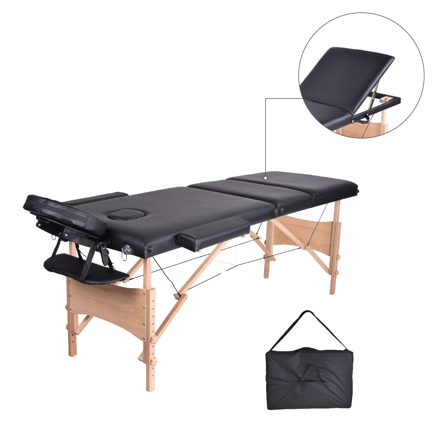 Mcdear Massage Table Wooden, Lightweight 3 Section Portable Massage Bed Spa Beauty Couch with Headrest, Arm Support, Black