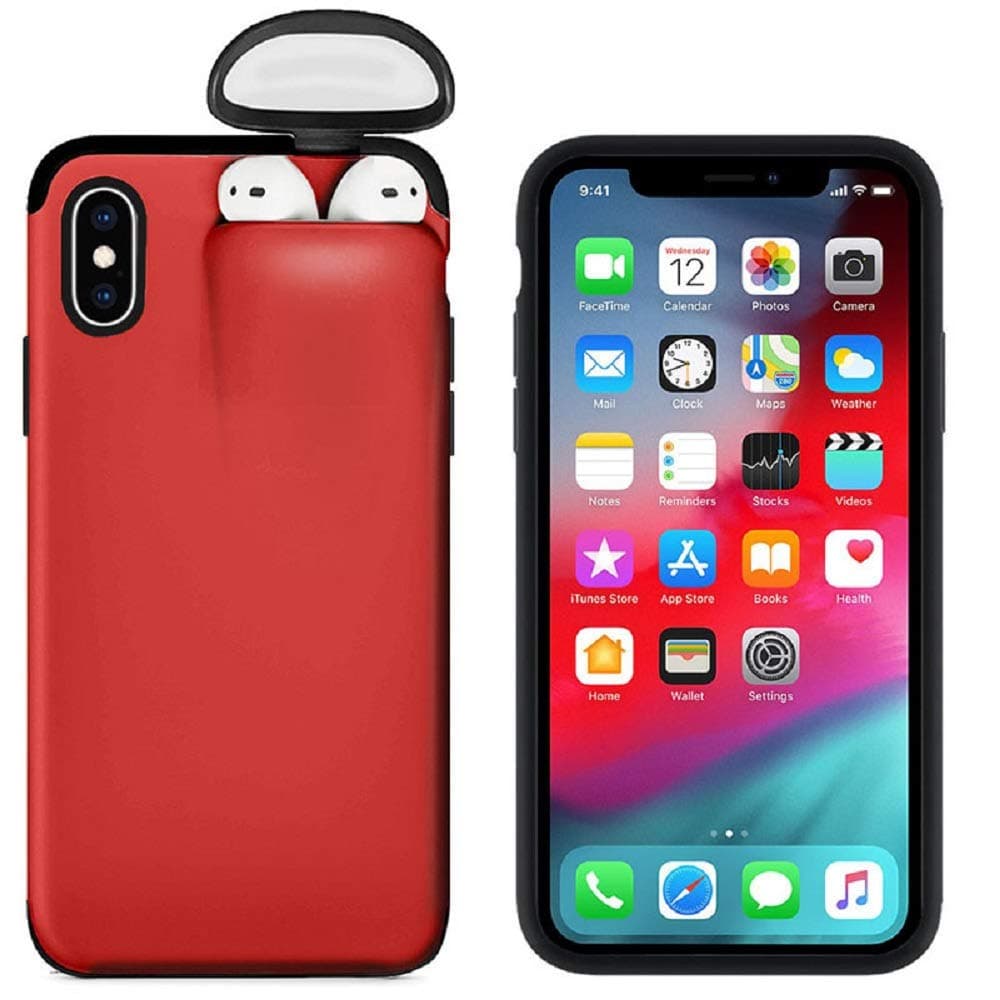 DAYA 2 in 1 for Iphone&Airpods case,Slim Rubber Anti-Scratch Skin Protective Bumper Cover (For iPhoneXS/X 5.8inch, Red)