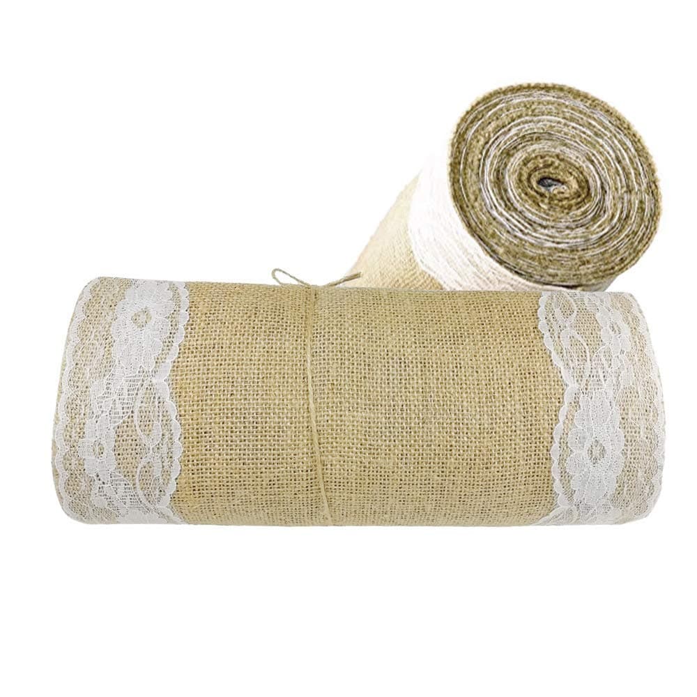 stylish14 Burlap Table Runner-12” Wide x 10 Yards Long Burlap Lace Roll, Rustic Natural Burlap Fabric Lace Roll with Finished Edges Wedding Party Dining Home Decor Hessian Lace Roll Table Runner 390"