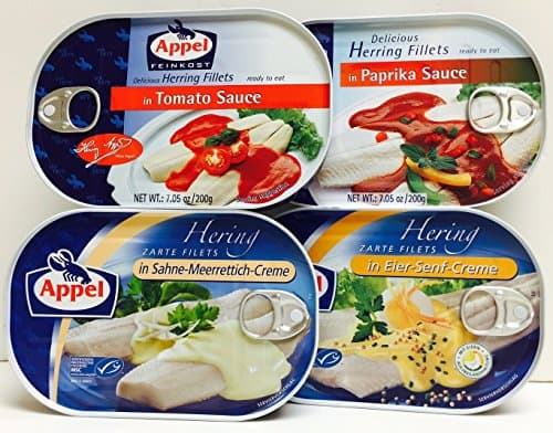 Appel 7.05-Ounce German Herring Fillets Variety Pack of 4 Flavors – in Sahne-Meerettich-Creme, Eier-Senf-Creme, Paprika Sauce, and Tomato Sauce