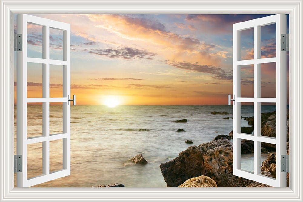 3D Wall Decal Ocean Vinyl Stickers for Kitchen Wall Decor Creative Window View Sunrise Sea Wave Murals Art Removable Wallpaper Stick and Peel - 32"x48"
