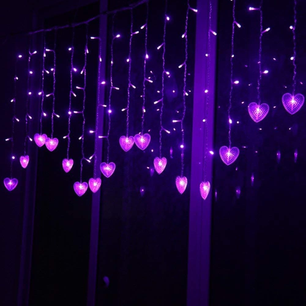 RosinKing String Fairy Light 3.5M 96 LEDs Curtain Light Heart Shape Love Led 8 Mode Light Strip for Party Indoor Room Garden Wedding Valentine's Day Decorations Multi Color (Purple)