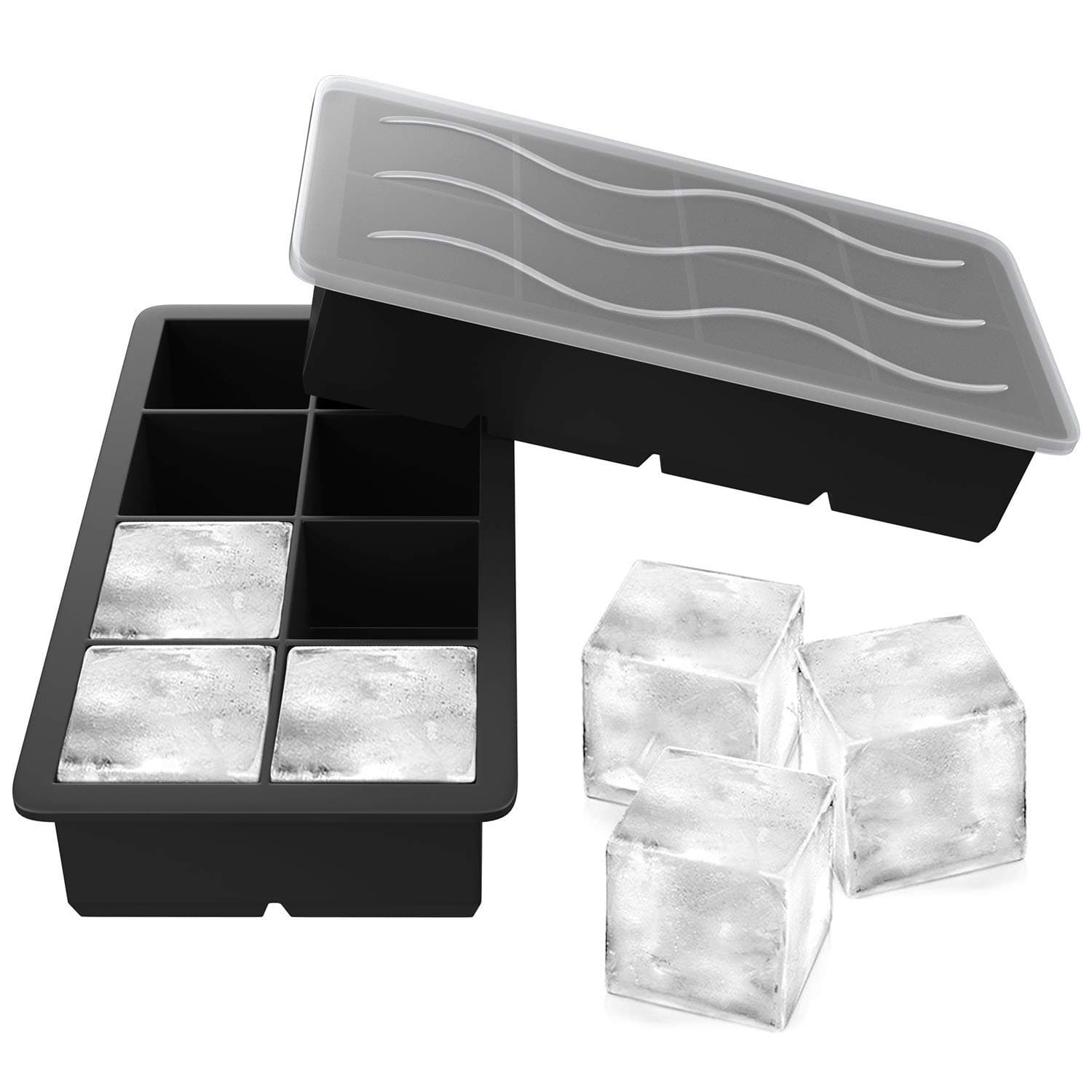 Stuti 2-inch Large Size Silicone Flexible 8 Cavity Ice Maker Tray for Whiskey and Cocktails with Cover -Combo Set of 2
