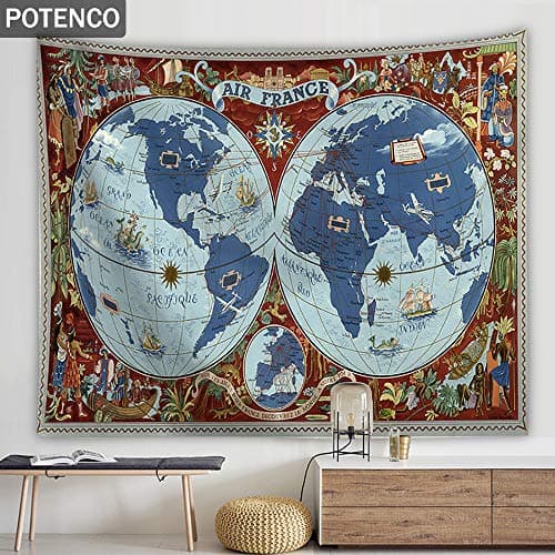 POTENCO Blankets, World Map Picnic Mat Medieval Educational Tapestry Wall Hanging Beach Towel (I, 150150cm)