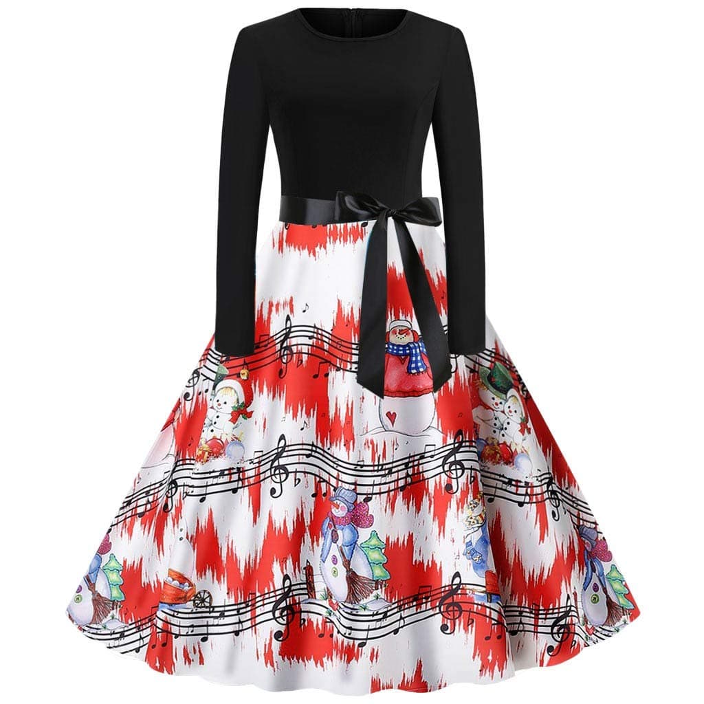 NEEDRA Women's Retro O Neck Butterfly Musical Note Printed Evening Dress