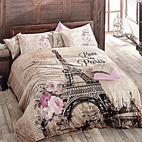 Deconation 100% Cotton Comforter Set Single Twin Full Size Paris Autumn in Eiffel Tower Floral Theme Bedding Linens Quilt Doona Cover Sheets (Single / Twin)