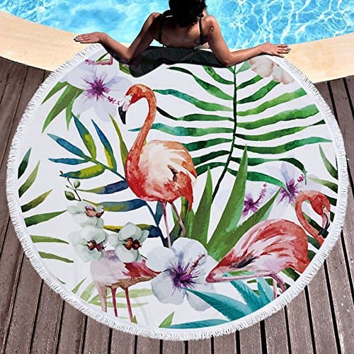 Yoler Beach Blanket Soft Microfiber Round Beach Towel With Tassels Camping Picnic Blanket Oversized Round Tablecloth (Pink Flamingo)