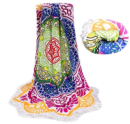BAZABA Thick Microfiber Terry Round Beach Towel Blanket-Soft Thick Water Absorbent Mandala Roundie Beach Throw 62 Inches Across (NO.4)