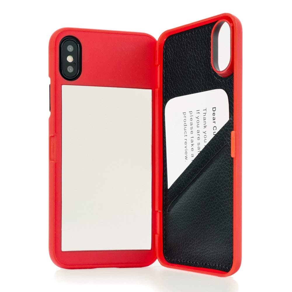 W7ETBEN iPhone Xs Case, iPhone X Wallet Case with Kickstand Built-in Mirror & Card Holder Cover for Apple iPhone X/XS 5.8 Inch (Red)