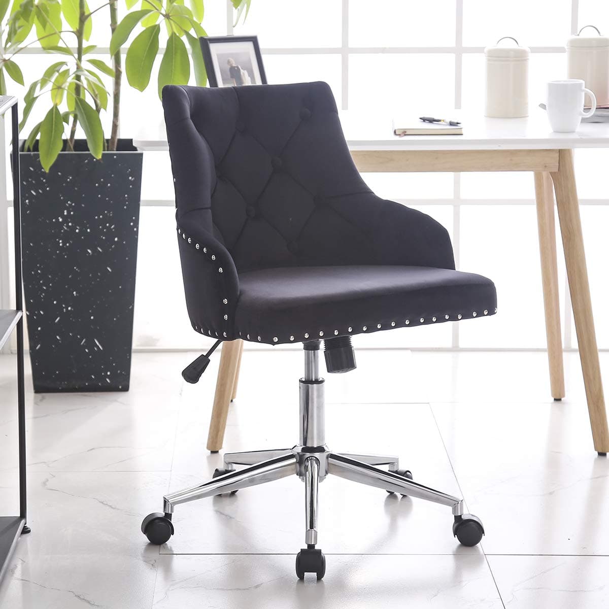 LPEAK Velvet Office Computer Chair, Executive PC Computer 360°Swivel Height Adjustable Chair Rocking Chair with Wheels,Black with Copper Nail