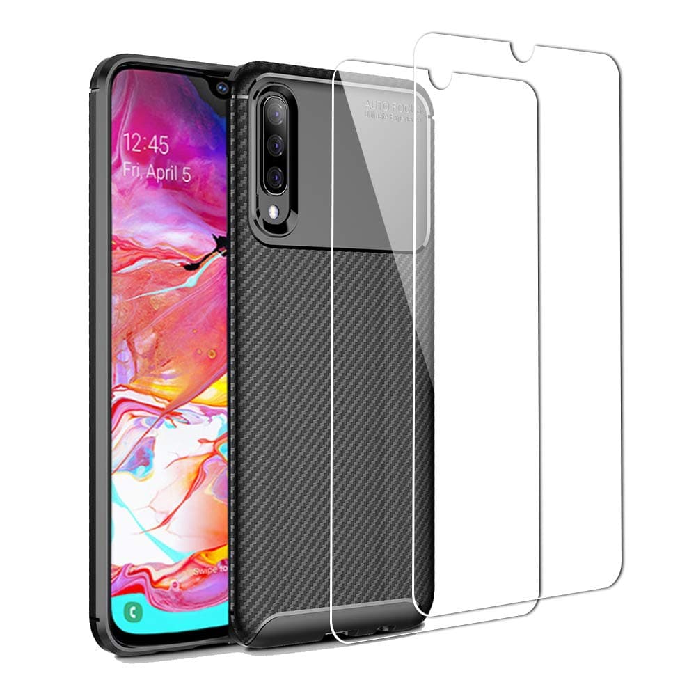 UCMDA Case and Screen Protector for Samsung Galaxy A70, Carbon Fiber [Shockproof] Soft Protective Samsung A70 Case + [2 Packs] 9H Tempered Shatterproof Glass Screen Protector for Samsung A70