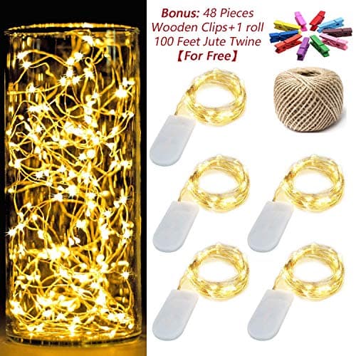 5 Pack 7Feet Starry String Lights, 48 Pieces Mini Wooden Clips, 1 roll 100 Feet Jute Twine, Lights Battery Operated with 20 Micro LEDs, Works for Christmas Decoration, Party, Wedding (Warm White)