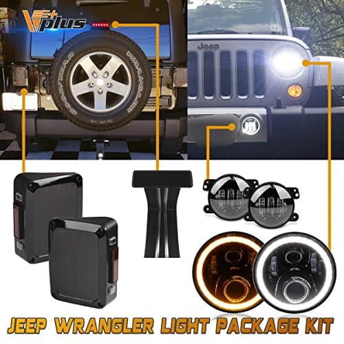 (7PCS) 7 inch LED Headlights Daymaker Halo High Low Beam + Rear Tail Stop Lights Assembly + Third Brake Light Smoke + 4inch Fog Lights Cree 30W Replacement for 07-17 Jeep Wrangler & Wrangler Unlimited