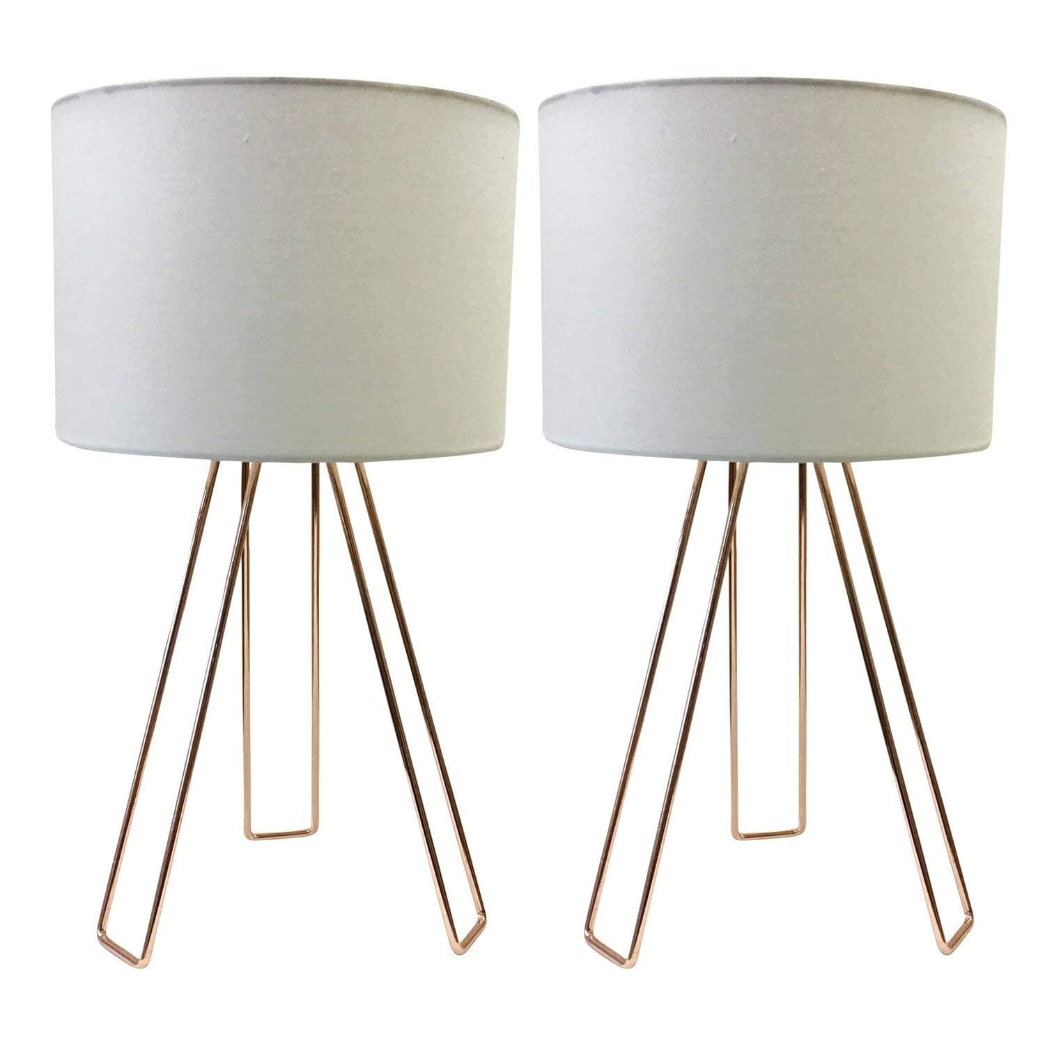 Pair of 2 Copper Table Lamps or Bedside Lights, White Cotton Fabric Shades, Modern Tripod Design Bedside Lamps, Tripod Table Lights, LED Compatible, Height 41cm
