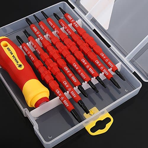 PersuingTech 7pcs Insulated Electrical Screwdriver Set for Slot, Phillips,Pozidriv, Frearson, Tri-Wing, Polydrive, Spanner Head, Allen