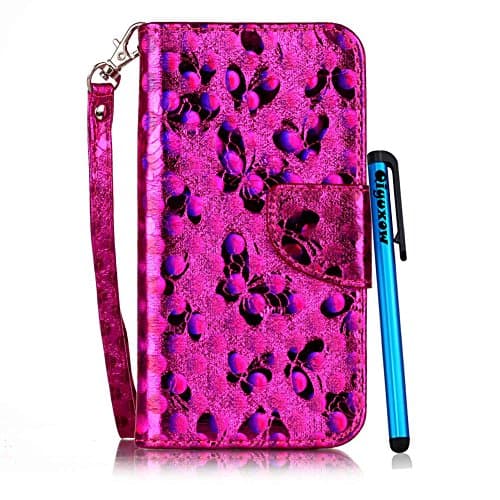 S7 Flip Case, Qiyuxow Luxury Diary Leather Case Hot Pink [Laser Butterfly] [Wrist Strap] PU Leather Wallet Cover with Card Slots for Samsung Galaxy S7