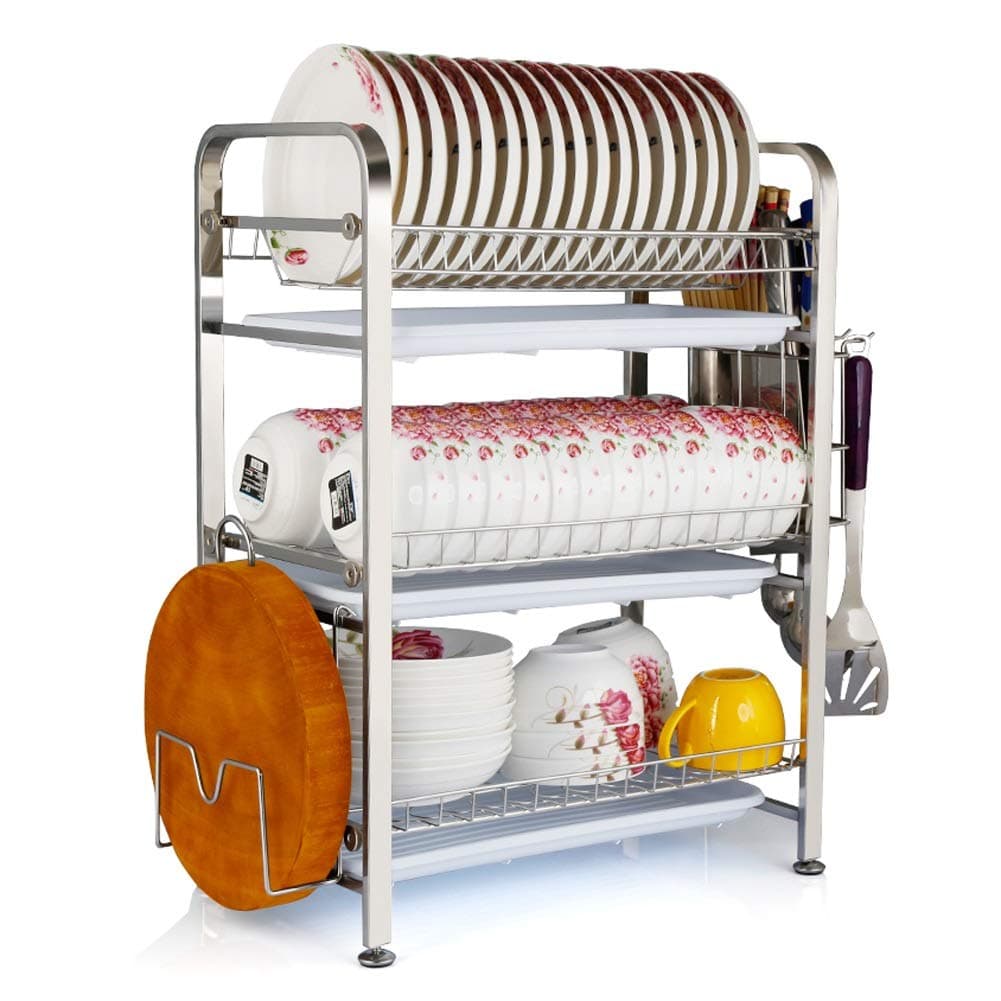 3-Tier Dish Drainers Drying Rack, 304 Stainless Steel Kitchen Storage Organization Shlef with Chopsticks Cutting Board Holder, Bakeware Organiser (Color : 3 Tier, Size : 45x27.5x61cm)